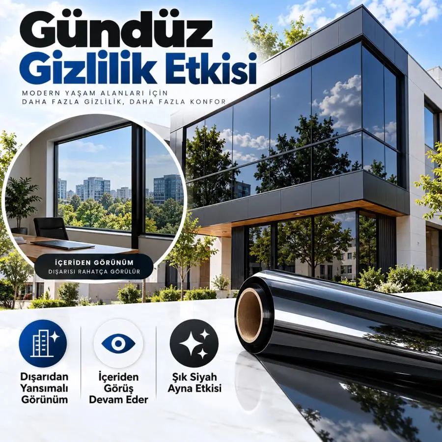Aynalı Siyah Cam Filmi Dıştan Ayna İçeriden Siyah 90 cm X 10 Metre